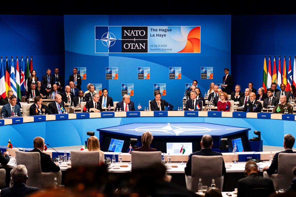 European leaders at the NATO Summit in The Hague in June 2025, where all 32 members agreed to increase defense spending to 5% of GDP by 2035 — the most ambitious NATO spending commitment in the alliance's history
