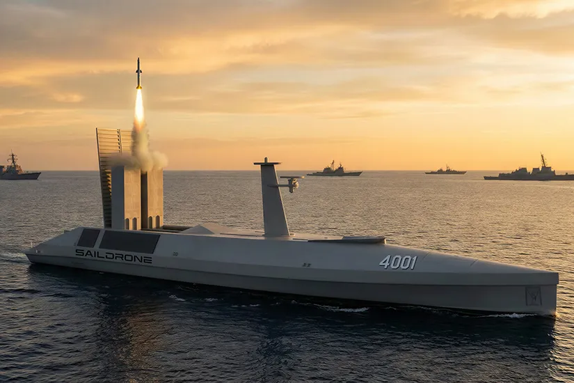 Saildrone's Spectre — a 52-meter hybrid-electric autonomous surface vessel unveiled at Sea-Air-Space 2026, designed for anti-submarine warfare and strike missions at $40 million per hull
