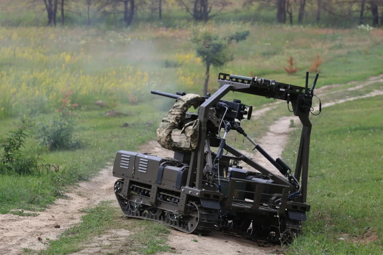 Ukrainian unmanned ground vehicle advancing on a frontline position in eastern Ukraine — robotic systems have completed over 22,000 missions, replacing soldiers in the most lethal battlefield roles