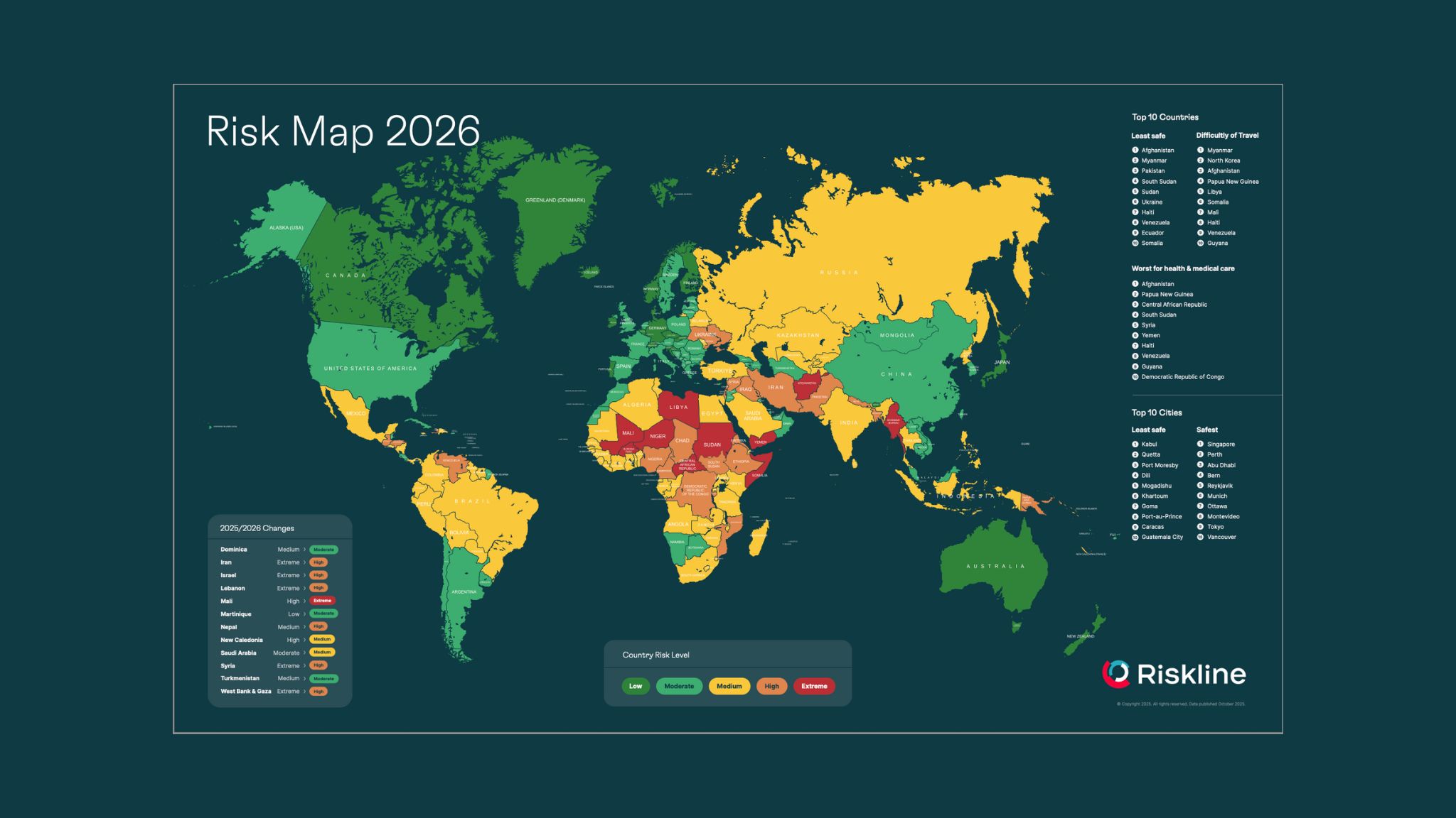 A global security threat map for 2026 showing active conflict zones across Ukraine, Gaza, Sudan, Congo, Myanmar, the South China Sea, and Venezuela — the highest concentration of simultaneous major conflicts since the Cold War