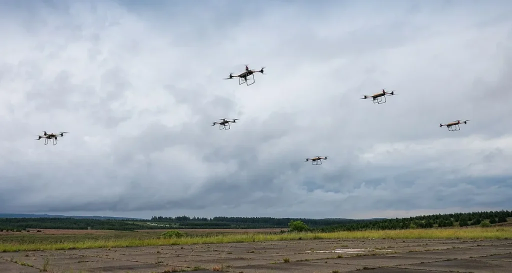 A formation of FPV attack drones — cheap, networked, partially autonomous systems that have transformed the economics of air combat by destroying multimillion-dollar equipment for hundreds of dollars