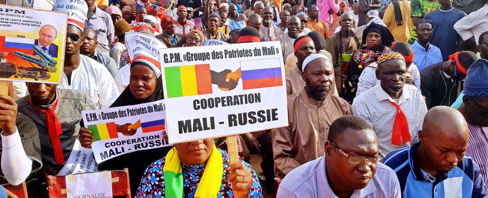 Malians gathering in Bamako to show support for Russia and Wagner Group — Russian disinformation operations successfully cultivated anti-French sentiment and positioned Moscow as Mali's liberator