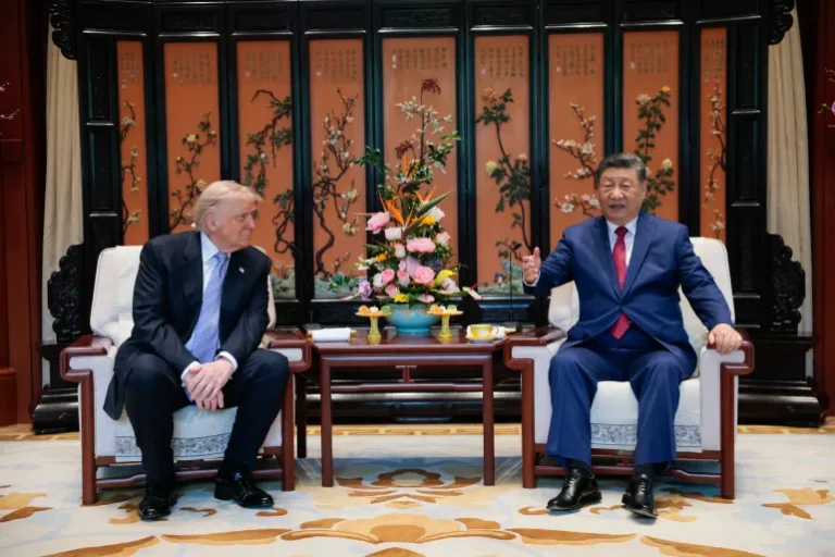 US President Donald Trump and Chinese President Xi Jinping meeting in Beijing on May 13, 2026 — their first face-to-face summit since Trump's first term in 2017
