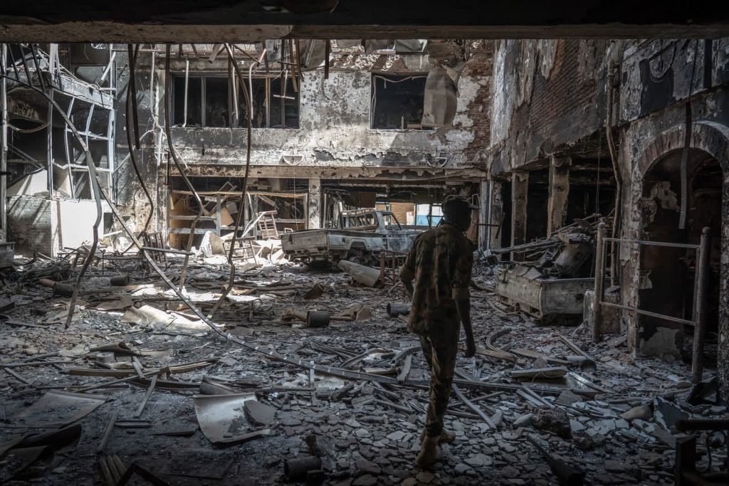 Destroyed buildings and war damage in Khartoum, Sudan, following years of fighting between the SAF and RSF