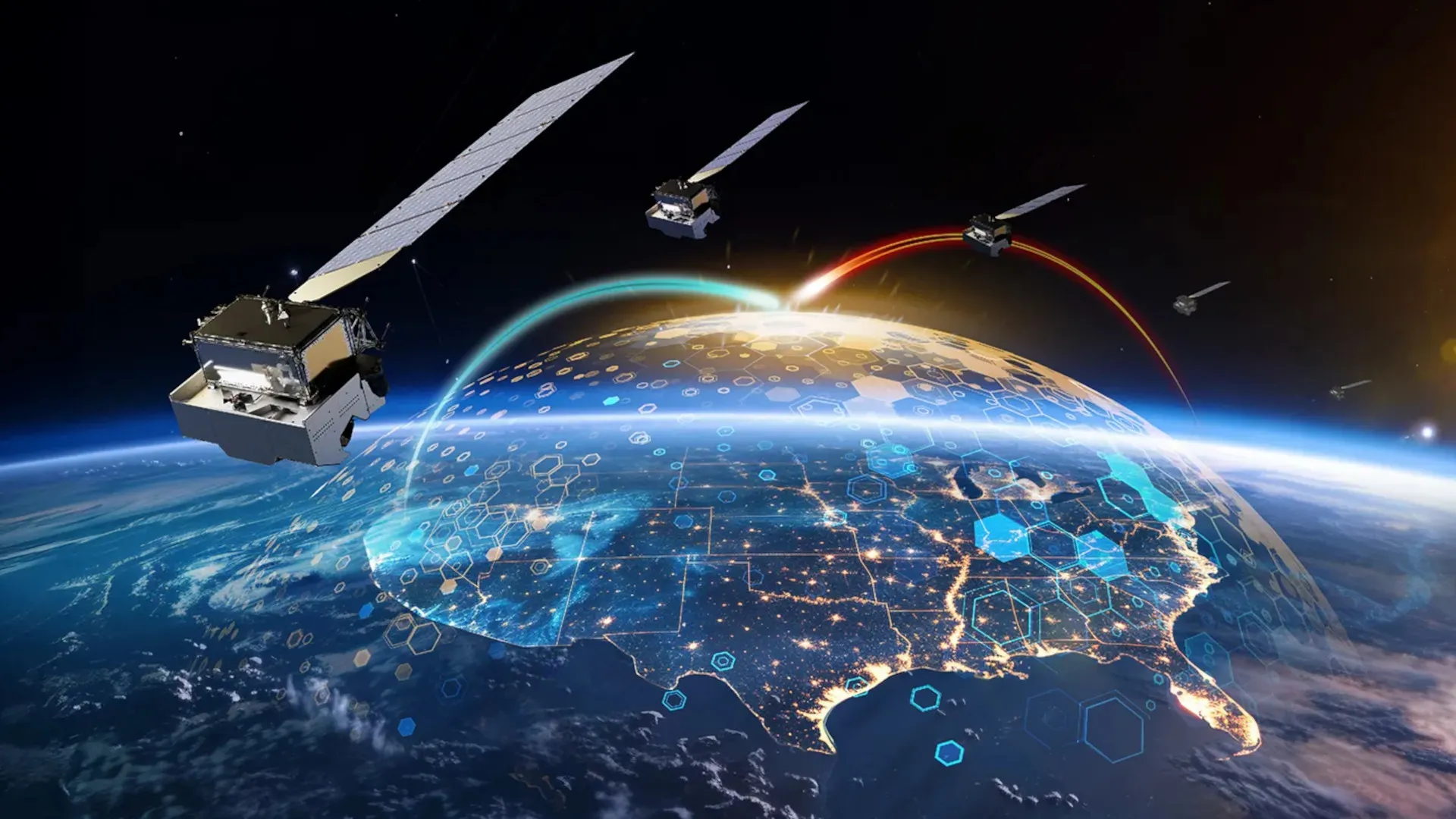 Artist's rendering of the US Golden Dome missile defense architecture — space-based interceptor satellites in low Earth orbit designed to destroy ballistic and hypersonic missiles during their boost phase